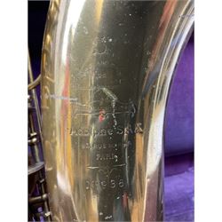 Brass tenor saxophone by Adolphe SAX, 84 Rue Myrha, Paris,  No.938 serial number 12097, H75cm excluding crook; in hard carrying case bearing plaque for Henri Selmer
