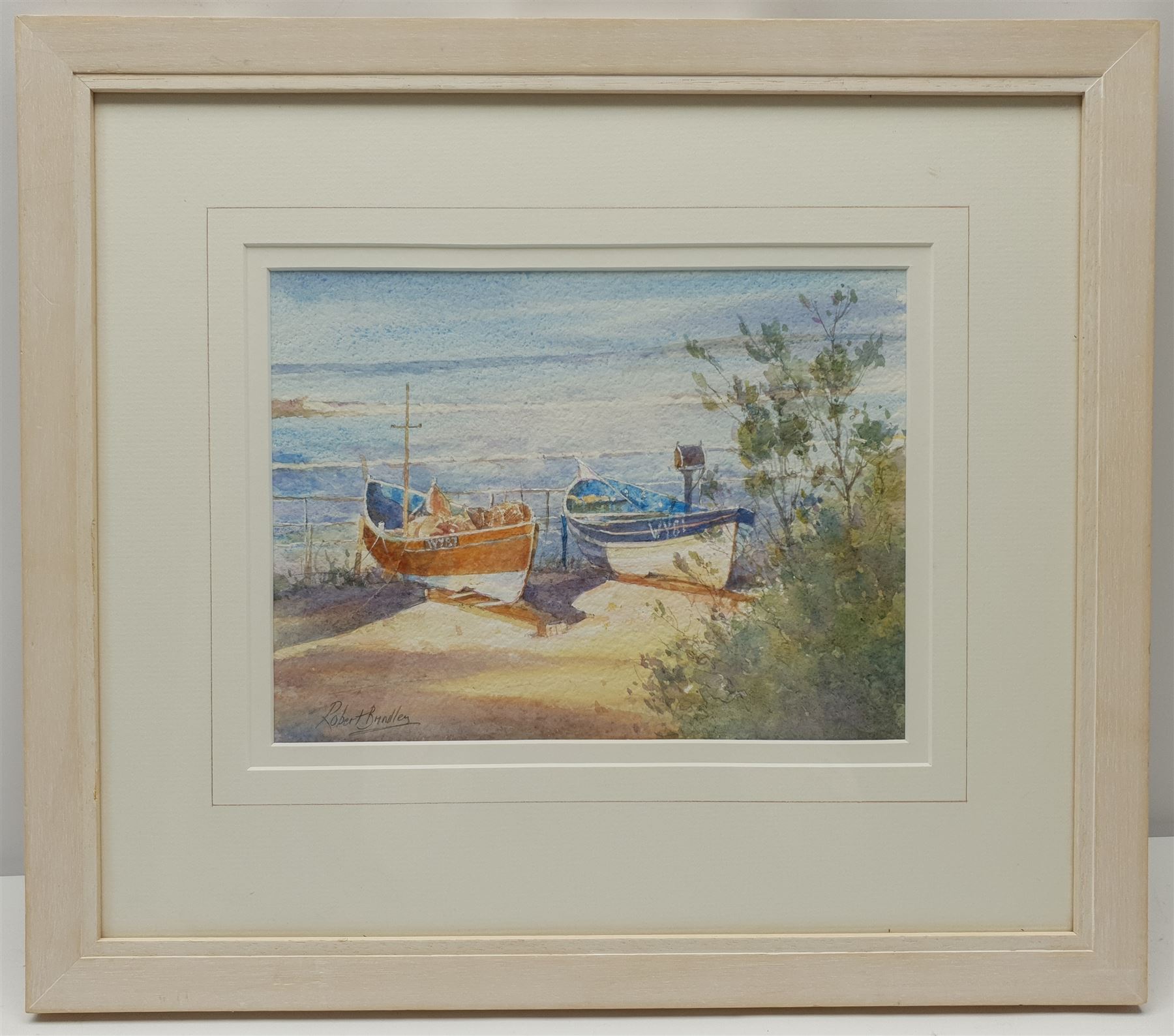 Robert Brindley (British 1949-): 'Cobles Runswick Bay', watercolour signed, titled and numbered 3083 verso 20cm x 27cm 
Provenance: exh. Royal Society of Marine Artists, The Mall Galleries 2014, label verso