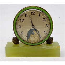  Edwardian Swiss travelling timepiece, circular silvered Arabic dial with cherub and drum automaton, in green enamel border, on green onyx base, H6cm, W6.5cm, in original fitted two door case  