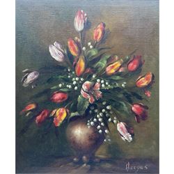 English School (20th century): Still Life of Tulips in a Vase, oil on canvas indistinctly signed 60cm x 50cm