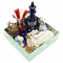 Bevelled glass ormolu jewellery casket, bohemian glass examples, half dolls, beswick items...