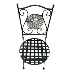 Black painted metal bistro set, circular table with mosaic top, and pair of folding chairs with mosaic panels 