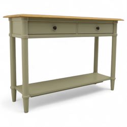 John Lewis - contemporary painted console table, rectangular oak top over single frieze drawer with turned knob handles, raised on four turned supports with lower platform shelf