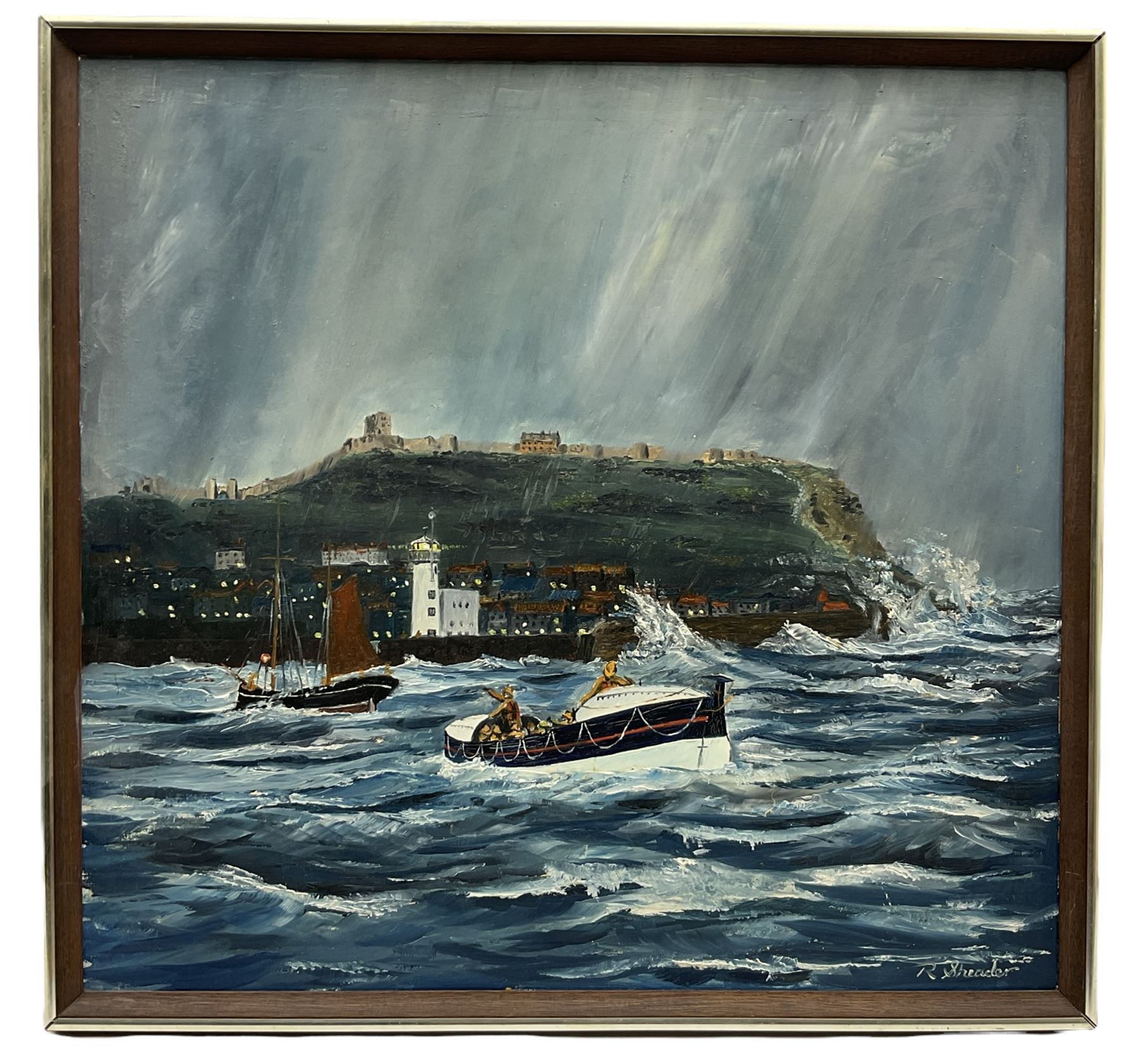 Robert Sheader (British 20th century): Boats Leaving Scarborough Harbour, oil on board signed 46cm x 49cm