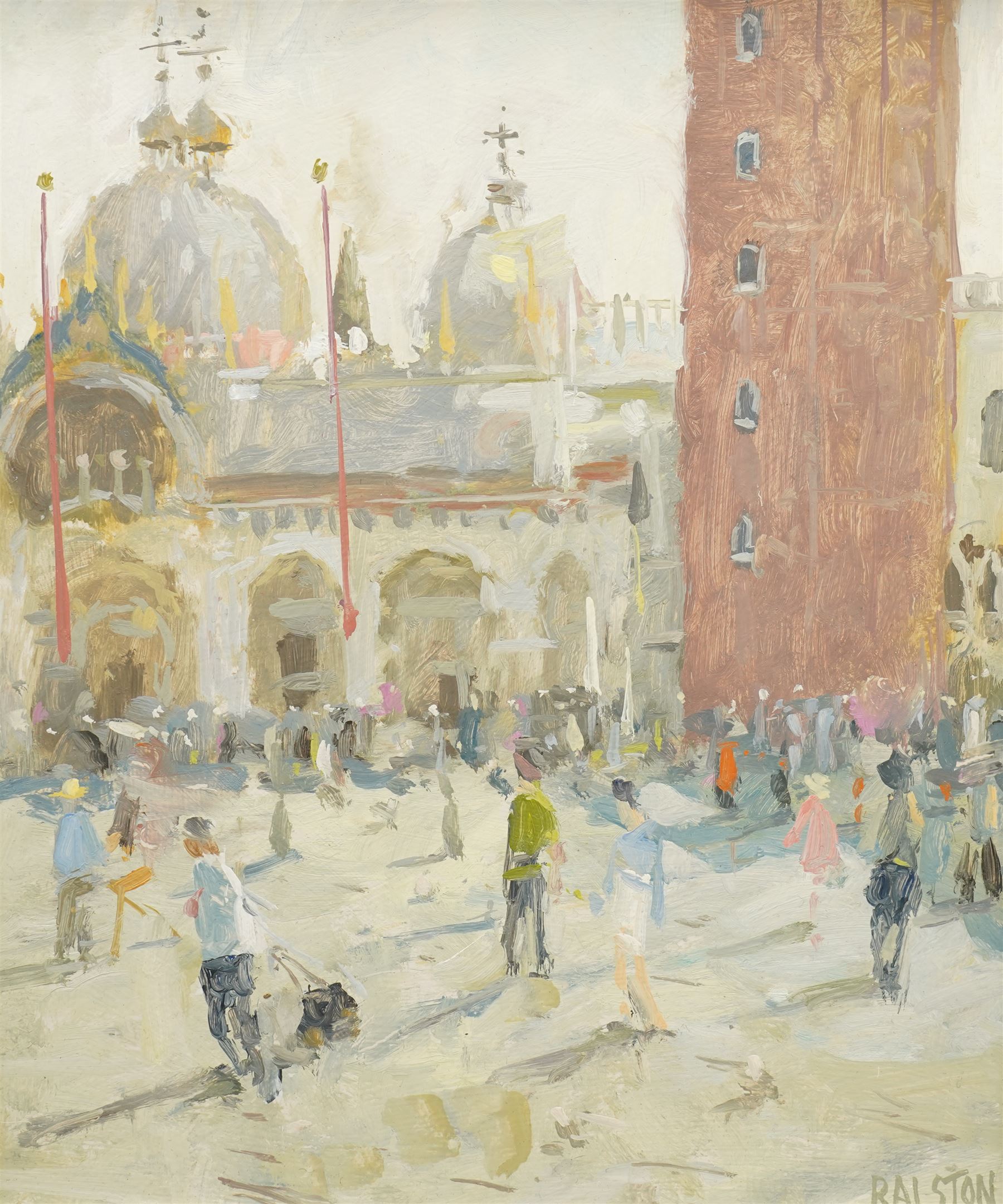 Adam Ralston (Northern British 1970-): 'St Mark's Square', oil on board signed, inscribed and dated '16 verso 29cm x 24cm