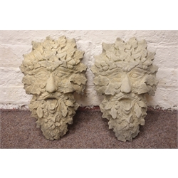  Pair composite stone greenman wall mounted plaques, H42cm   