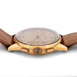 Delbana gentleman's 18ct gold manual wind chronograph wristwatch, circa 1950, dial with square and Arabic hour markers, subsidiary dials at 3 and 9 for seconds and 30 minute recording, stamped 18K 750 with Helvetia hallmark, on brown leather strap