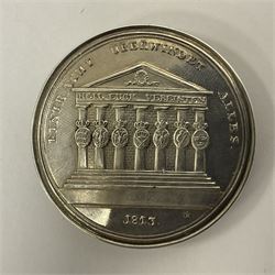 Grolier Club’s silver Schraubmedaille to commemorate the German campaign of 1813, obverse depicts a Greek temple, below “Eintracht Überwindet Alles”, the reverse depicts three figures and the text “Gerechtigkeit. Weisheit. U. Einigkeit. Beglücken. D.: Menschheit”, inside are twelve circular hand coloured engravings depicting six major battles of the German campaign, each with corresponding descriptions, D