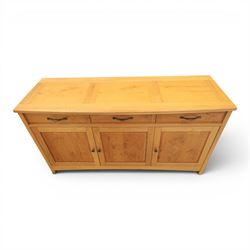 Contemporary light oak sideboard, three cupboards and three soft close drawers