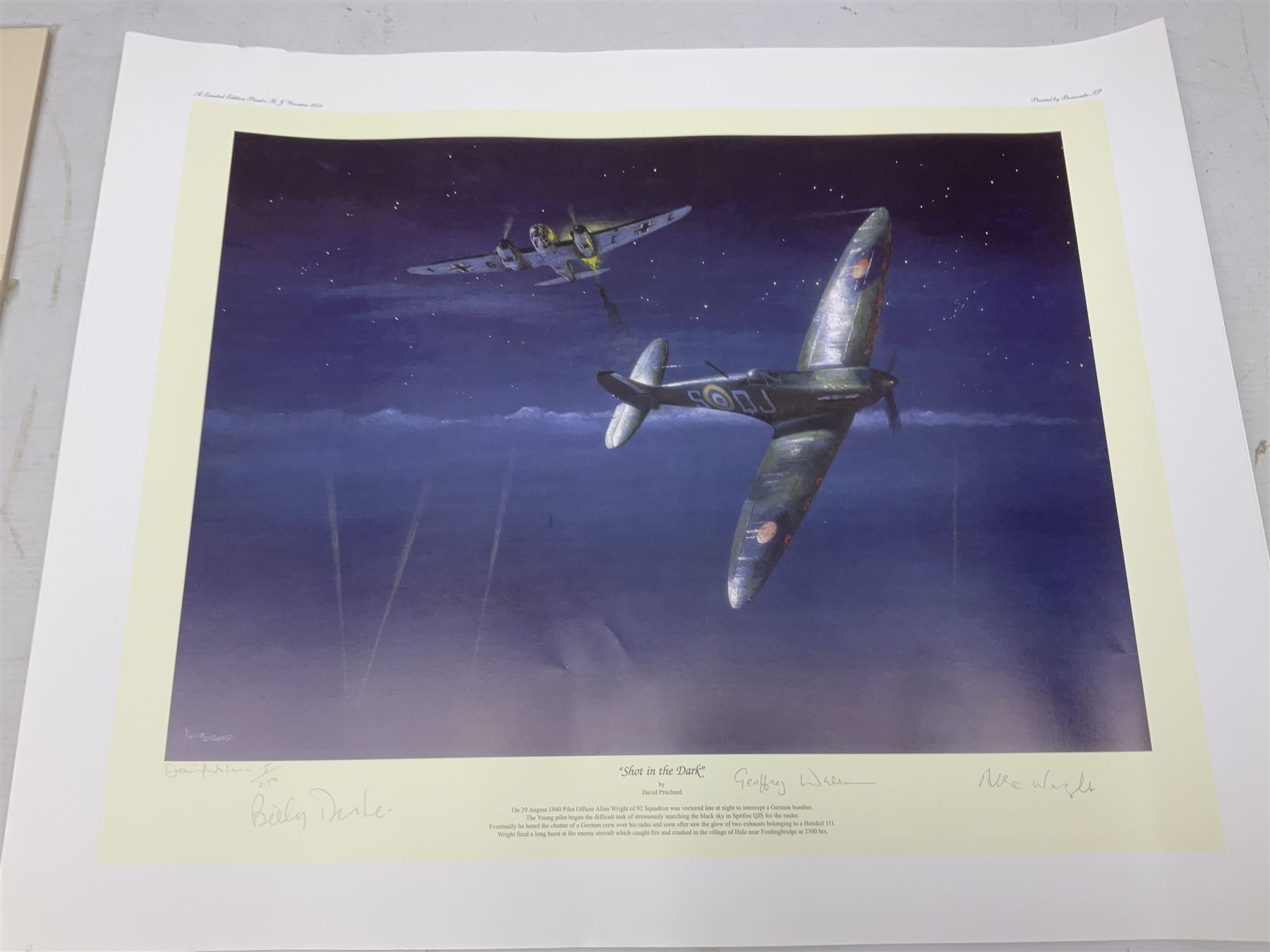 Collection of twenty-one unframed and seven framed prints of predominantly aviation interest after David Pritchard, Brian Petch, Stephen Teasdale, Barry Price, Coulson, Wardle etc; depicting Spitfires, Hurricanes etc; some limited editions with certificates and many bearing multiple signatures on the mount