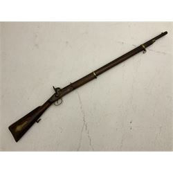 20th century Indian percussion musket, approximately 20-bore, in the .577 Enfield style, the 84cm barrel with two brass bands and numerous stampings, V-shaped rear sight, brass fittings including front and rear swivels, full oak stock stamped 356 L127cm overall