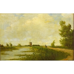  Dutch River Scene with Windmill, early 20th century oil on canvas indistinctly signed in ornate gilt frame 37cm x 56.5cm  