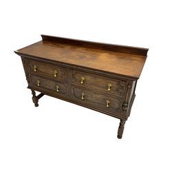 Early 20th century oak sideboard, fitted with four drawers with geometric moulded fascias, raised on turned supports