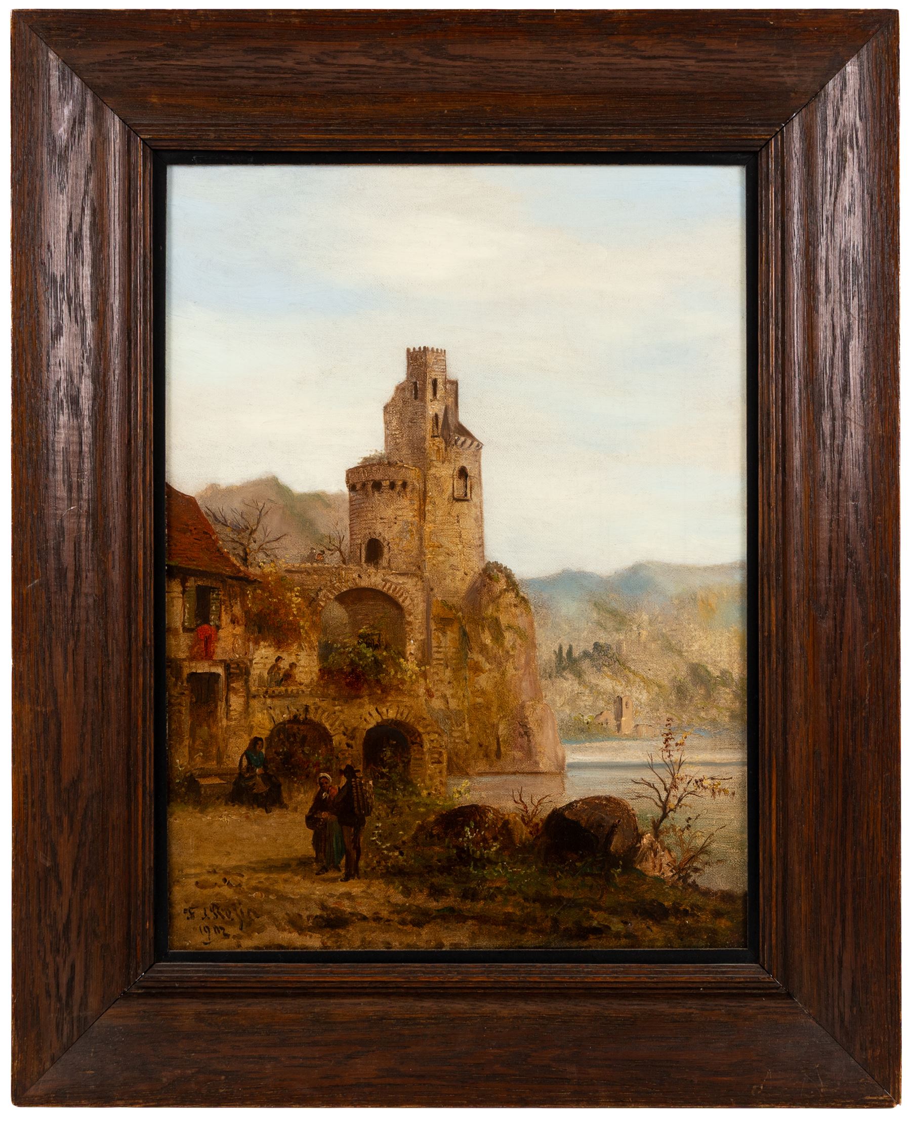 Felice Auguste Rezia (Italian 1835-1907): Stone Tower on a Lake and Church Overlooking a River - Northern Italy, pair of oils on canvas signed and dated 1902 max 40cm x 29.5cm (2)