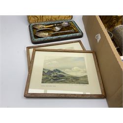 Assorted items, to include cased pair of silver plated berry type spoons, cased set of fish eaters, small selection of silver plate, brass watering can, framed prints, etc., in one box 