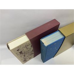 Seven Folio Society books, including The Divine Comedy, Charles Dickens Christmas Book, The Proud Tower, etc, all with outer sleeves