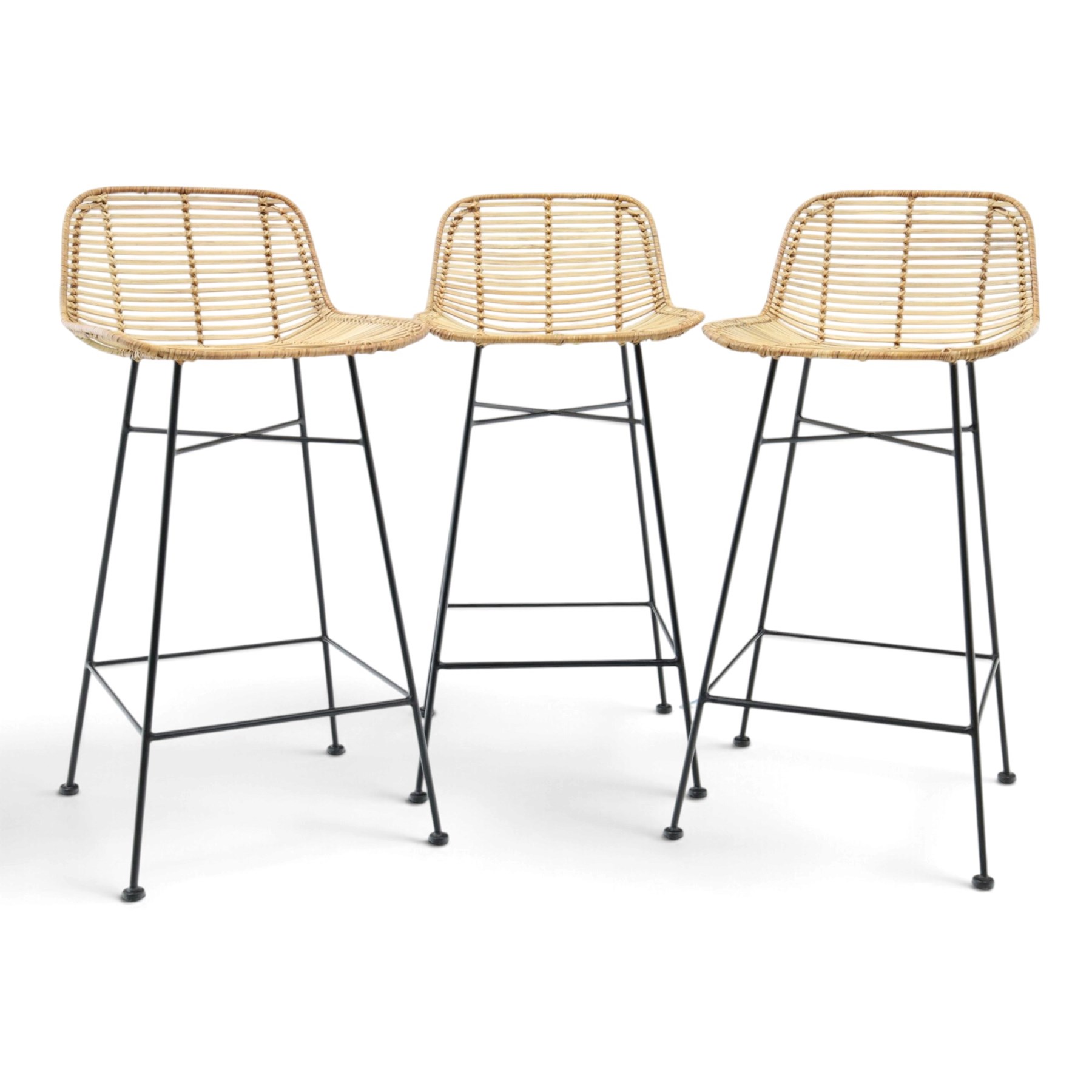 Next - set of three 'Pacific' bar stools, caned back and seat, raised on black tubular supports