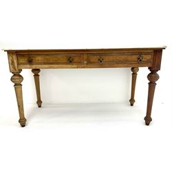 Victorian pine side table, marble top above two drawers, turned supports 