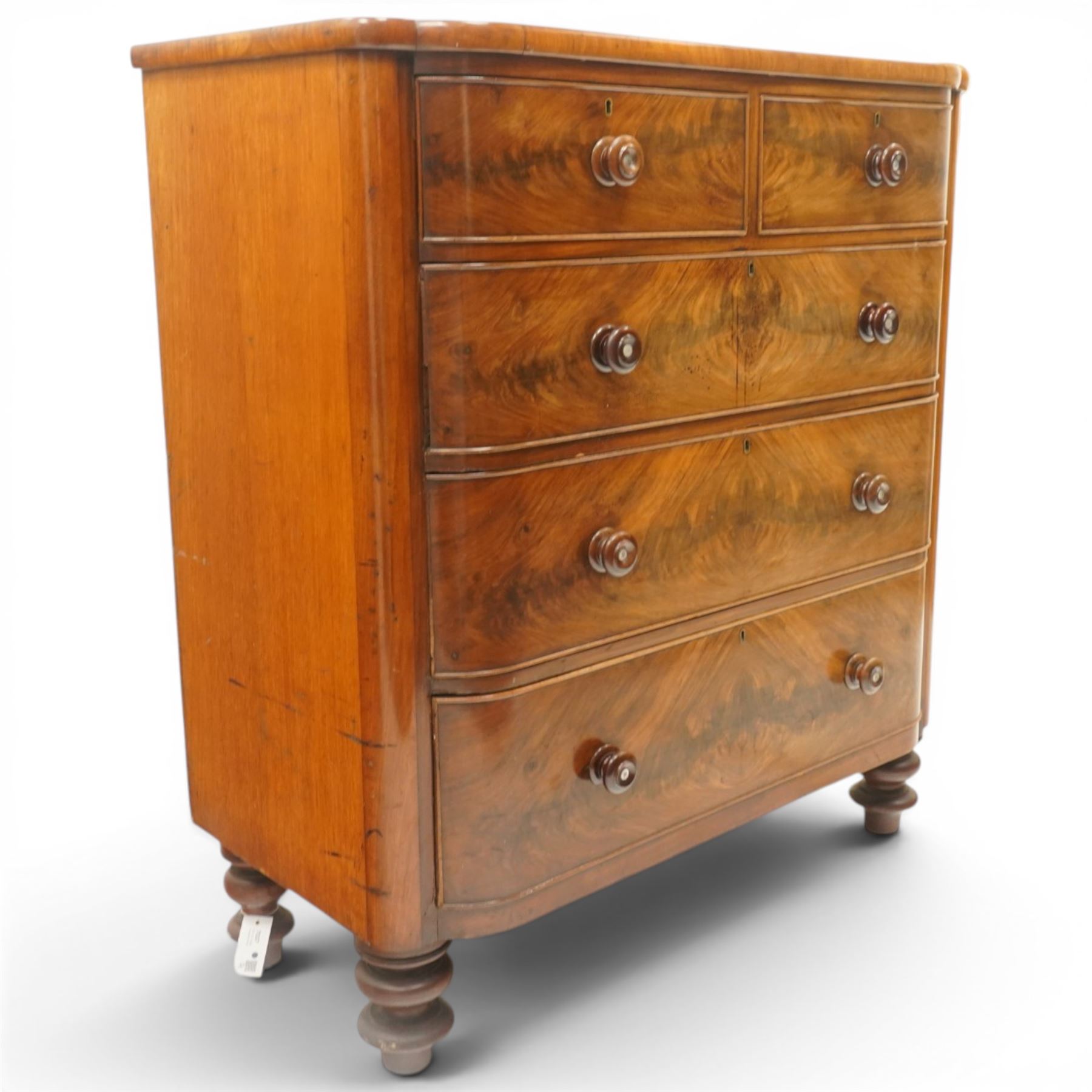 Victorian mahogany bowfront chest, with mahogany veneered drawers two over three drawers, turned handles with mother of pearl centres, raised on turned supports