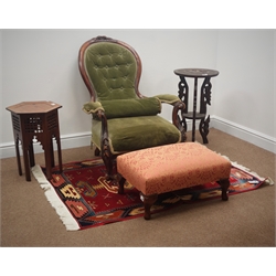 Victorian mahogany framed gentleman's salon armchair, carved cresting rail, upholstered back seat and arms, acanthus cabriole legs with ball and claw feet (W70cm), an extending mahogany dining table (no leaf), an upholstered footstool with cabriole legs, three eastern style tables and a wall hanging rug (7)  