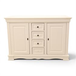 Modern large white painted chest of drawers, central bank of four drawers flanked by two l...
