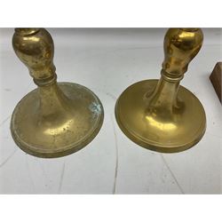 Pair of tall brass candlesticks, together with a tall clear glass vase with frilled rim, candlestick H50cm