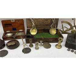 Set of early 19th century nickel pocket beam scales in fitted mahogany case with weights compartment (empty) L10.5cm; two Georgian sets of steel pocket beam scales in associated boxes; Salter No.18E egg scales; French brass quadrant scales; set of seven brass graduated cup weights; and quantity of other weights