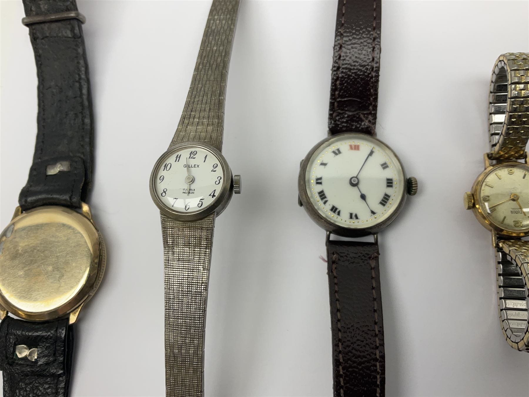 Tudor Royal 9ct gold ladies wristwatch, on expanding gilt bracelet, Gillex silver wristwatch, on silver bracelet, two early 20th century silver wristwatches and one other gilt wristwatch, all manual wind movements