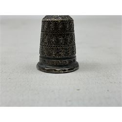 19th century wooden beehive thimble holder with silver bee decoration, black forest style pin cushion and thimble holder, modelled in the form of a standing bear and a wooden cased sewing set with silver thimble, sewing set H10cm