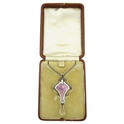 Art Nouveau silver pink and white guilloche enamel pendant necklace by J Aitkin & Son, Birmingham 1910, in original silk and velvet lined tooled leather fitted case