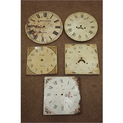  Five various painted 19th century clock dials incl. 15in circular Potts of Leeds, 11 & 12in square etc (5)  
