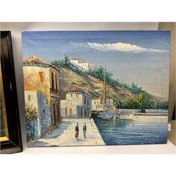 French school (20th century) mediterranean harbour scheme oil on canvas together with three prints after Vargas and furter landscape prints 
