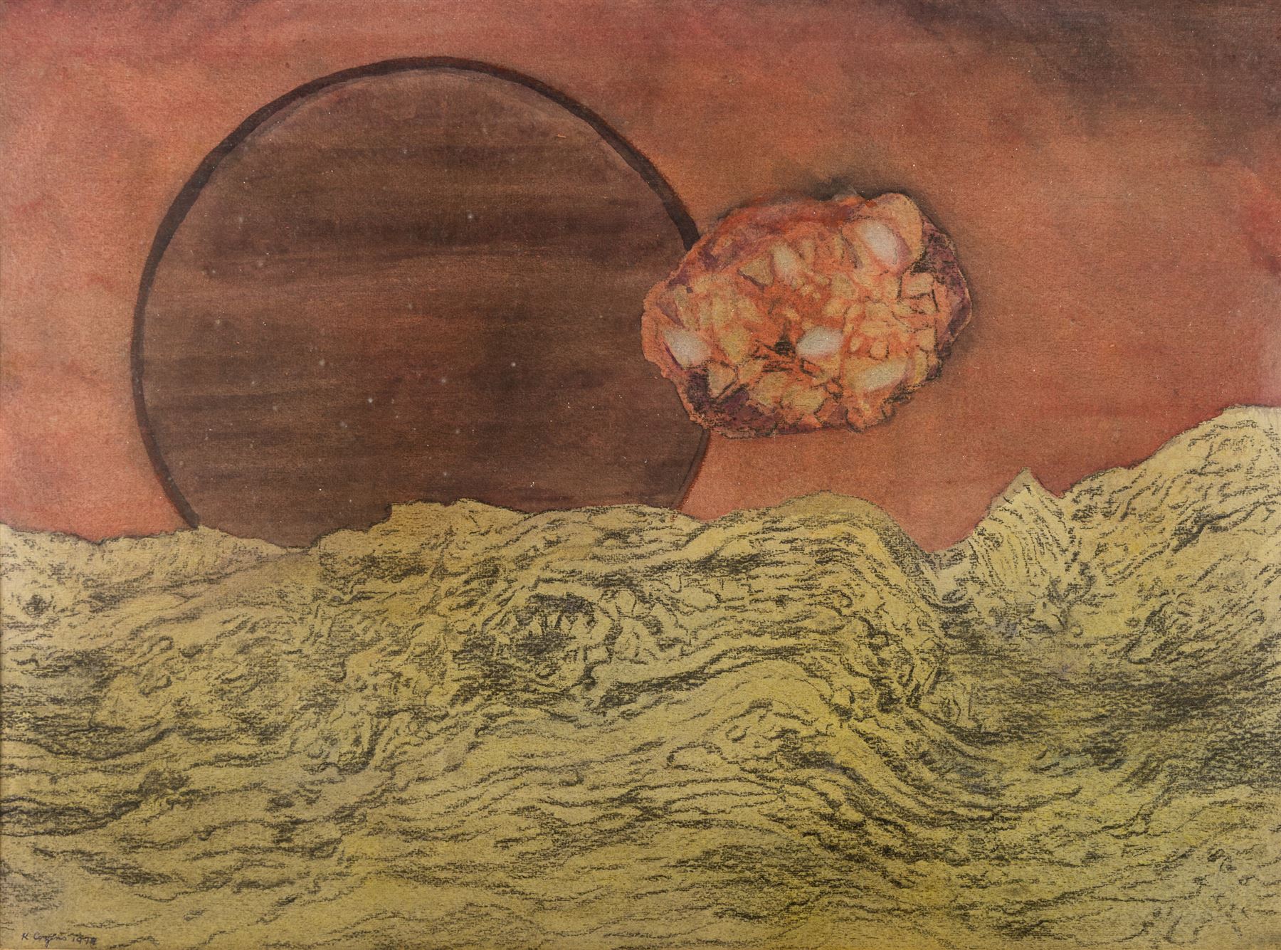 Kenneth Cozens (British 1920-2000): 'Planet and Fragment' and 'Interstellar Collision', one mixed media and one watercolour one signed and dated 1979, one titled verso max 54cm x 73cm (2)