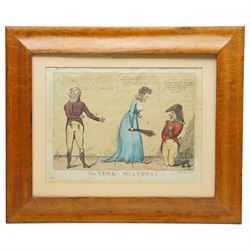 James Gillray (British 1756-1815): 'The York Mistress', early 19th century satirical etching with-hand colouring pub. Hannah Humphrey, London, 1809, 24cm x 32cm
Notes: The Duke of York (right), in regimentals, kneels at the feet of Mrs Clarke, who stands over him holding a birch-rod. Col Gwyllym Lloyd Wardle stands on the left in civilian dress. He  initiated corruption charges against Frederick, Duke of York, which resulted in his trial and resignation as commander-in-chief in 1809.