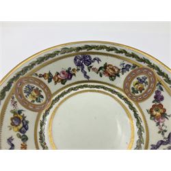 Sèvres soft paste porcelain coffee can and saucer with date code for 1780, painted with pink oval panels bordering bouquets of flowers, united by swags of flowers tied with purple ribbons, within laurel leaf borders, interlaced LL monogram enclosing date letters CC above painters marks for Nicquet, coffee can H7.5cm, saucer D15cm