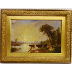 Cattle Watering at Sunset, 19th century oil on canvas unsigned 29cm x 44cm