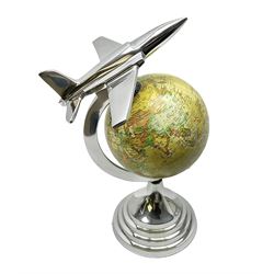 Art Deco style world globe with chrome aeroplane finial and mounts, H31cm