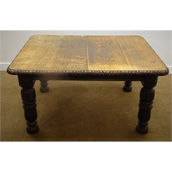  19th century oak extending dining table with leaf, heavily carved turned supports, W179cm, H70cm, D106cm  