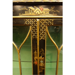  Early 20th century Chinoiserie lacquered display cabinet, serpentine gadroon moulded top above astragal glazed doors, cabriole legs with claw and ball feet, W121cm, H128cm, D39cm  