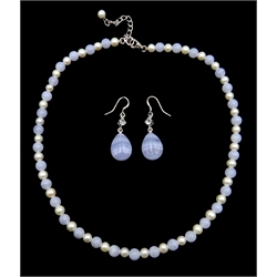  Silver jet faceted bead necklace, bracelet and matching earrings and a silver blue lace agate and pearl necklace with similar earrings  
