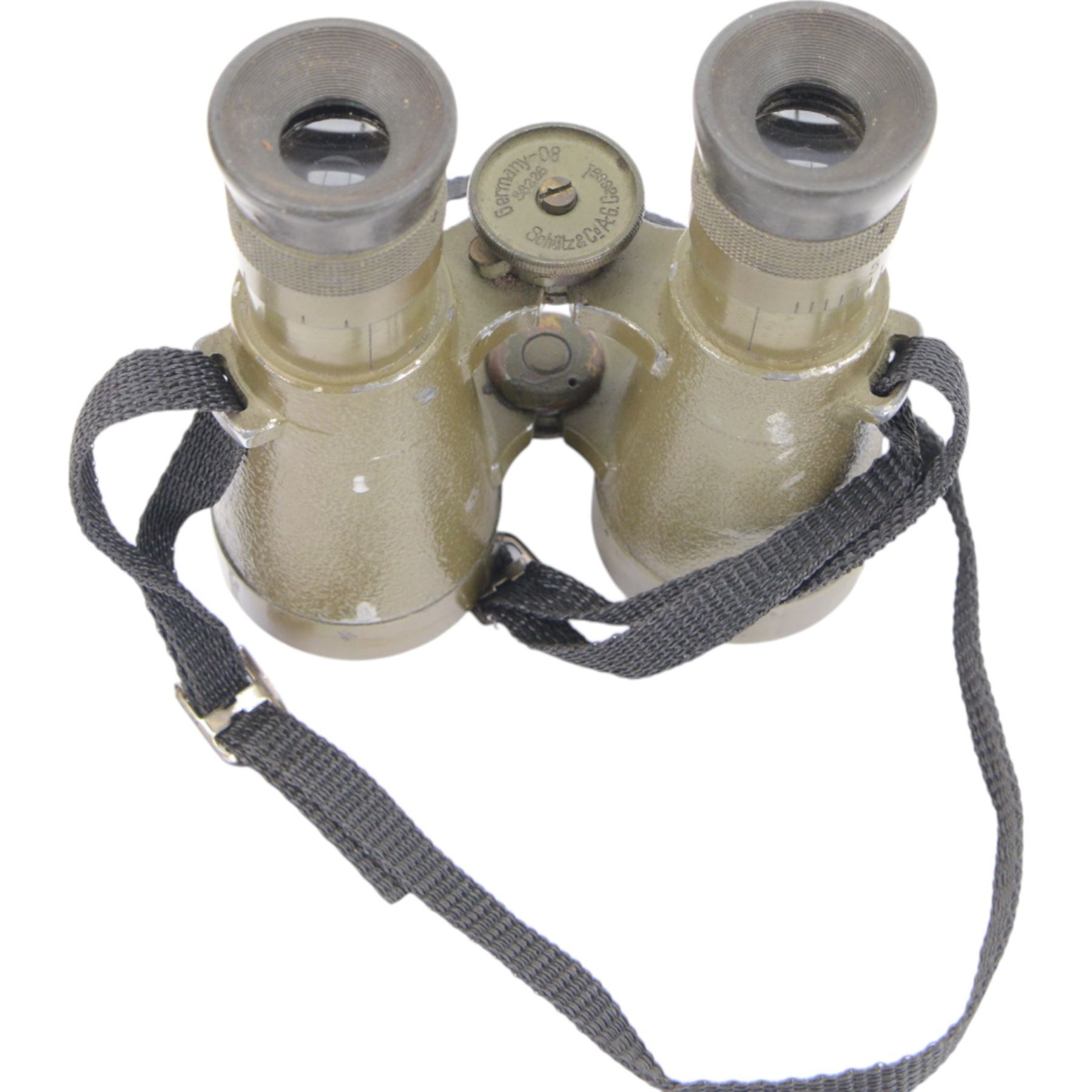 WWII Dolland of London Prismatic x6 field binoculars, with broad arrows marked to the body of the binoculars, the leather case with worn owners label to the inside, together with a cased pair of German field binoculars, with green paint finish, marked Germany-08 38226, together with two other cased pairs of binoculars 