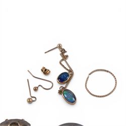 9ct gold jewellery oddments, including single opal pendant earring, single hoop earring and earring hooks and silver jewellery, including wristwatch, cufflinks, necklace, earrings, brooches and carnelian fob