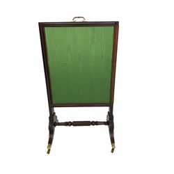 Regency mahogany screen with two horizontal and one vertical pull-out panels, on base with carved sabre legs and rope-twist stretcher
