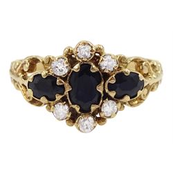 9ct gold sapphire and diamond cluster ring, London 1979
