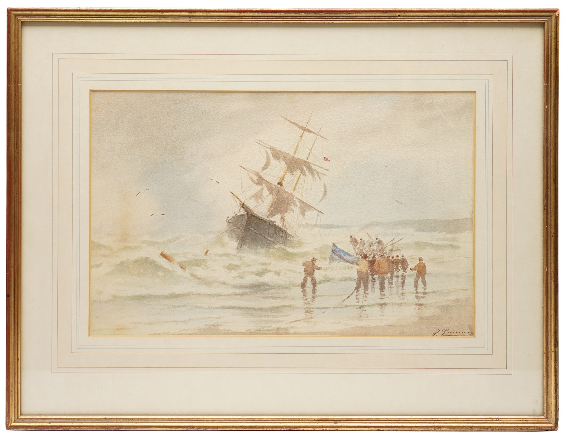 Joseph Eaman (British 1853-1907): Fisherman at Heavy Tides, watercolour signed 26cm x 41.5cm; After Frederick James Smyth (British fl.1841-1867): Stormy off Tynemouth Castle, hand-coloured engraving signed on the plate 24cm x 34cm; After Harry Hodges Tansley (British 1883-1961): Sheringham and Cromer, photographic print 18.5cm x 28.5cm (3)