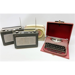  A Vintage cased Oliver typewriter, together with three vintage radios, two marked Hacker, the other Bush.  