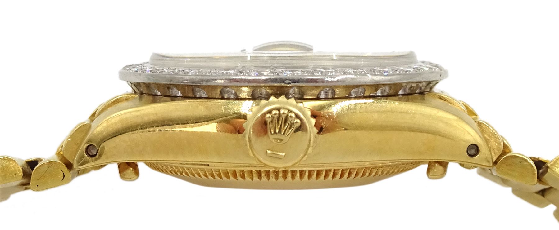 Rolex Oyster Perpetual Datejust ladies 18ct gold automatic wristwatch, circa 1978, diamond wristwatch, Ref. 6913, serial No. 5567968, black diamond dot dial and diamond bezel,  on 18ct gold president bracelet with fold-over clasp, boxed with Watch Repair Centre certificate dated 2021
