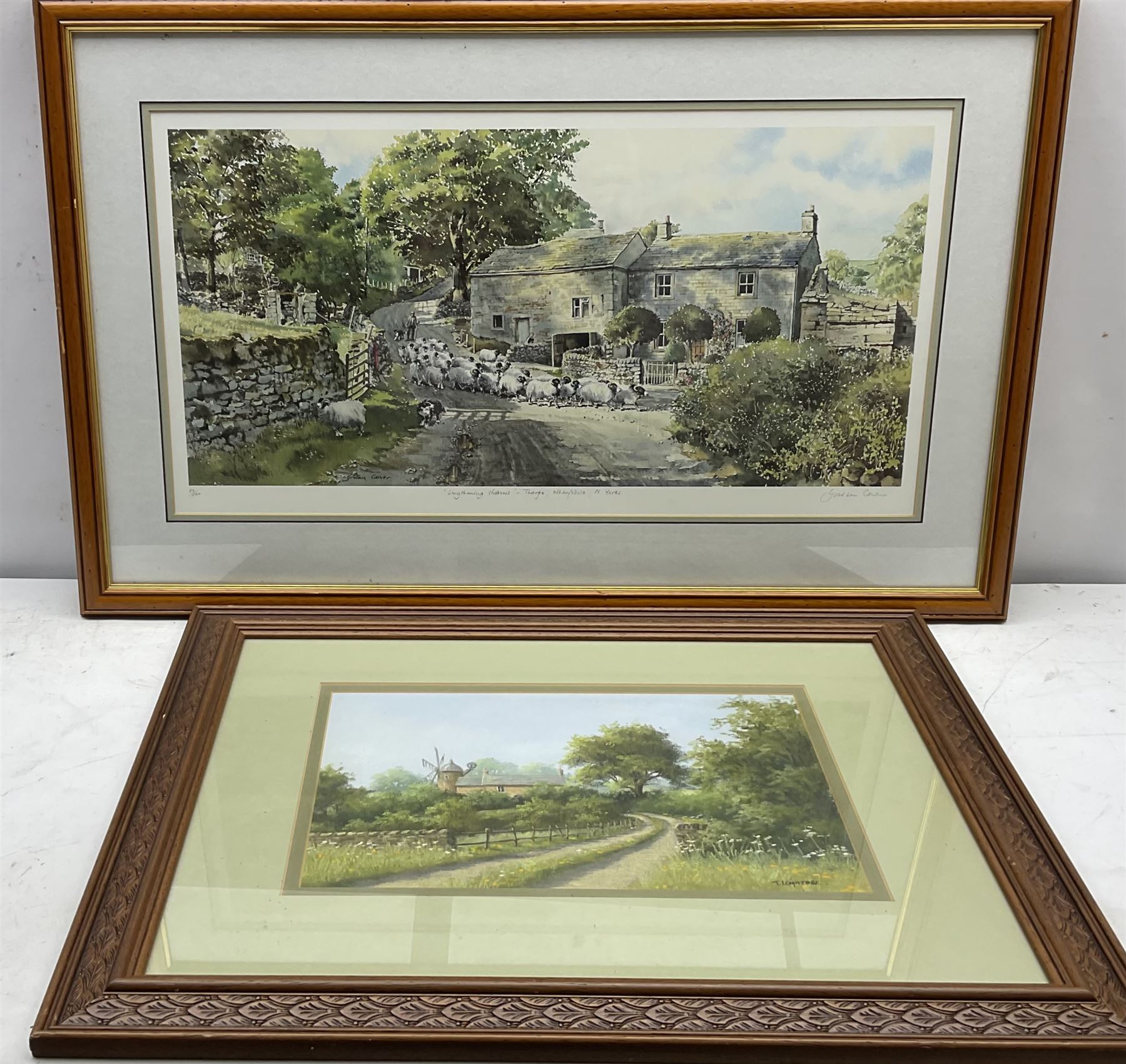 Thomas Leighton (British 20th century): Country Lane with Windmill, pastel signed together with after Graham Carver (British 20th century): 'Lengthening Shadows - Thorpe Wharfdale North Yorkshire', limited edition colour print signed titled and numbered 39/300, 32cm x 61cm (2)