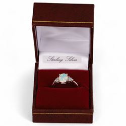 Silver opal and cubic zirconia cluster ring, stamped 925, boxed 