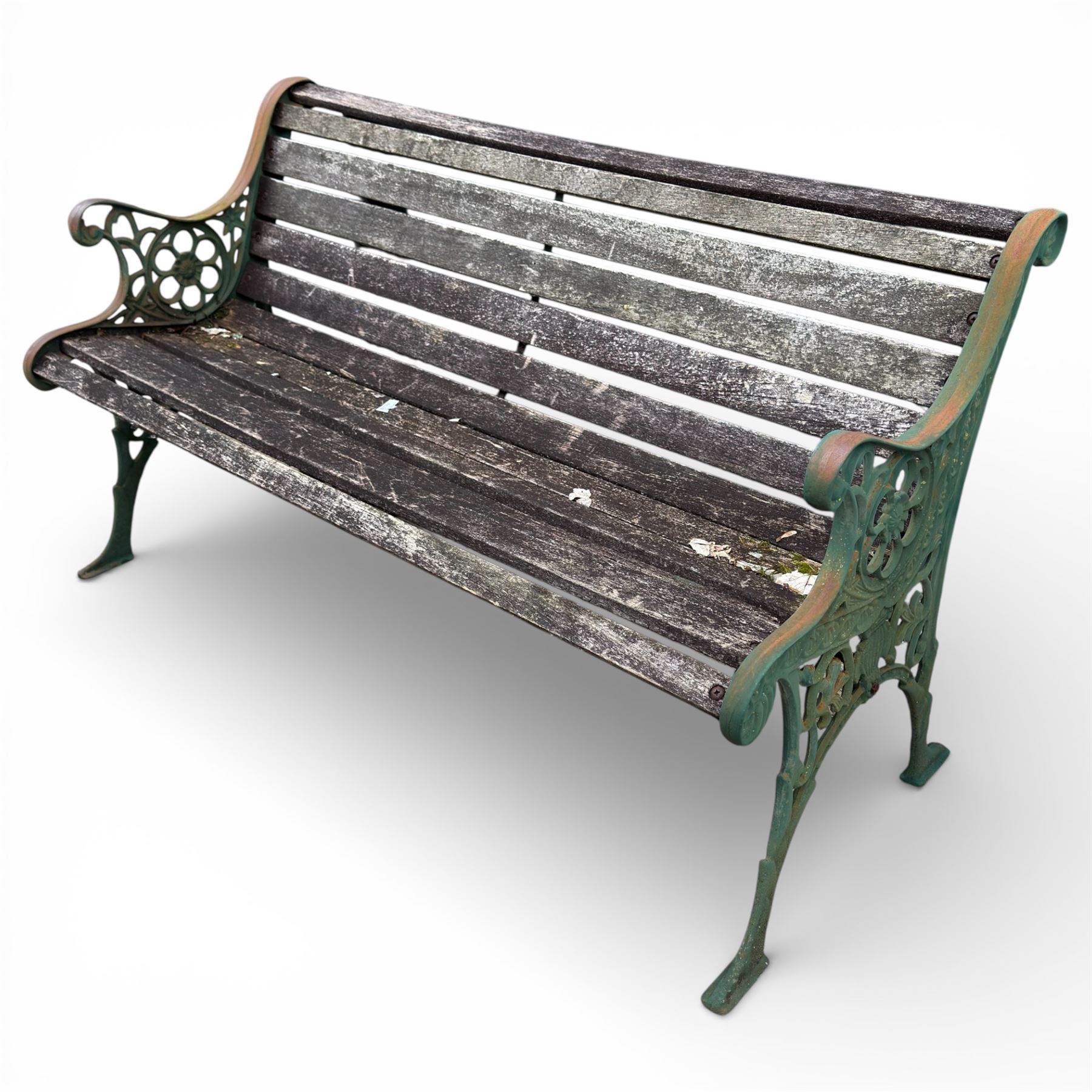 Green cast iron ended wood slat bench